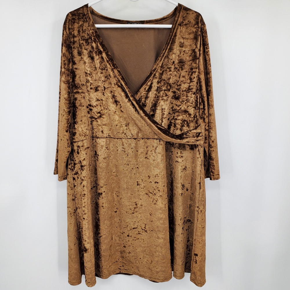 C Dear Bronze Brown Crushed Velvet Faux Wrap V-Neck Dress Plus 2XL Autumn Fall